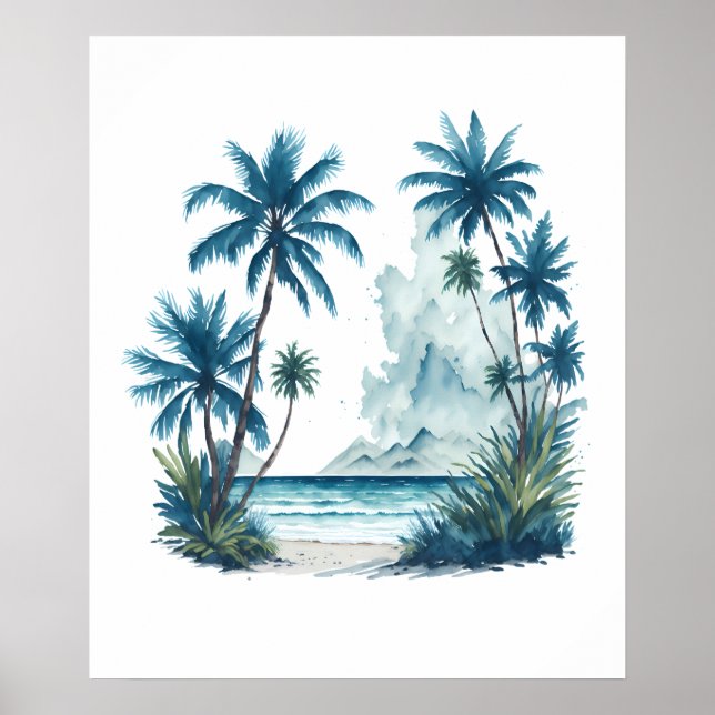 Póster Pintado acuático de una playa con palmeras (Frente)