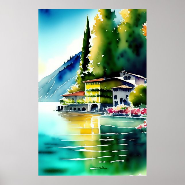 Póster Pintado acuático del Lago Como (Lago di Como) (Frente)