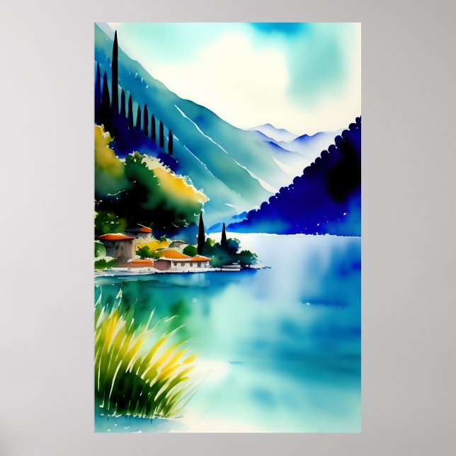 Póster Pintado acuático del Lago Como (Lago di Como) (Frente)