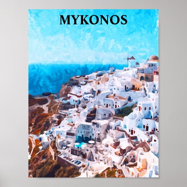 Póster Pintado de acuarela de Mykonos Grecia (Frente)