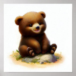 Póster Pintado de acuarela en 3D de un cubo de oso pardo
