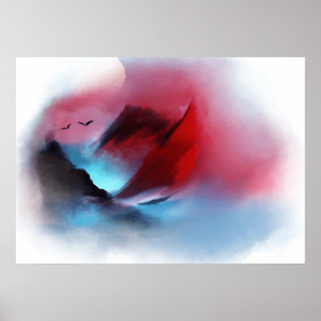 Póster Pintado de atardecer de las aves de montaña natura (Frente)