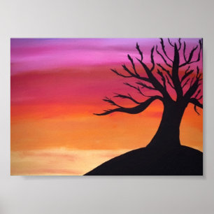 Póster Pintado de atardecer tranquilo con árbol