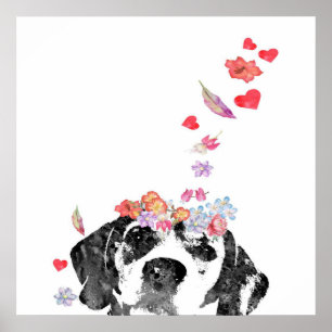 Póster Pintado de color de agua Beagle Perro Flores de gu