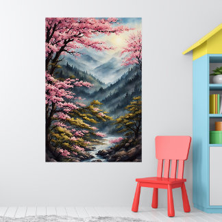 Póster Pintado de color de agua de flores de cerezo orien