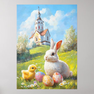 Póster Pintado de conejito de Pascua y pollo