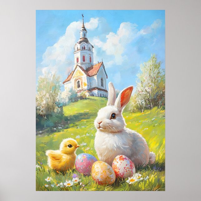 Póster Pintado de conejito de Pascua y pollo (Frente)
