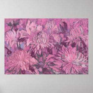 Póster Pintado de crosantemo rosado con flores pasteles f