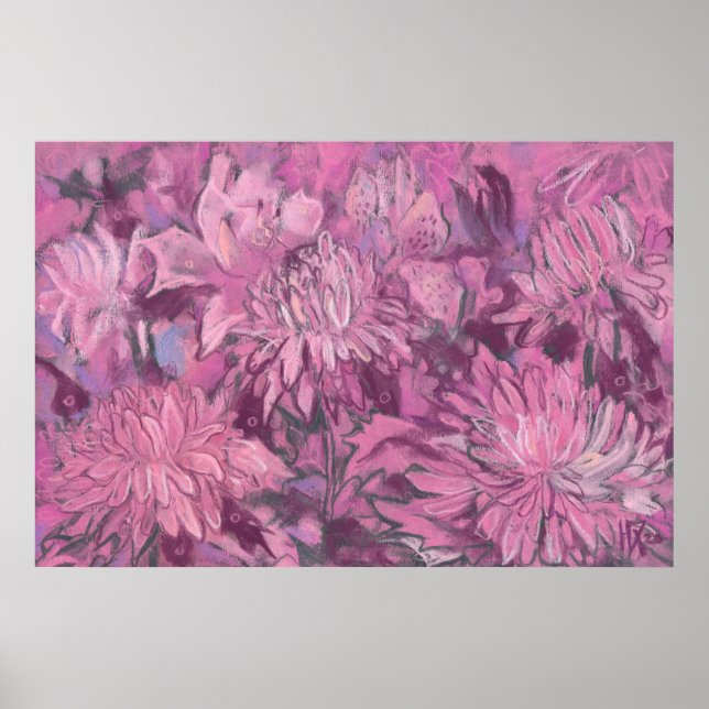 Póster Pintado de crosantemo rosado con flores pasteles f (Frente)