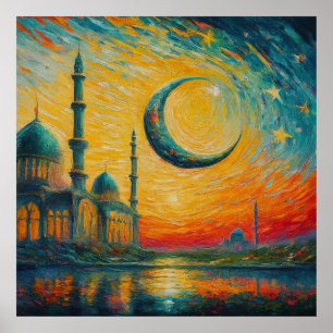 Póster Pintado de estrellas de media luna en mezquita mus