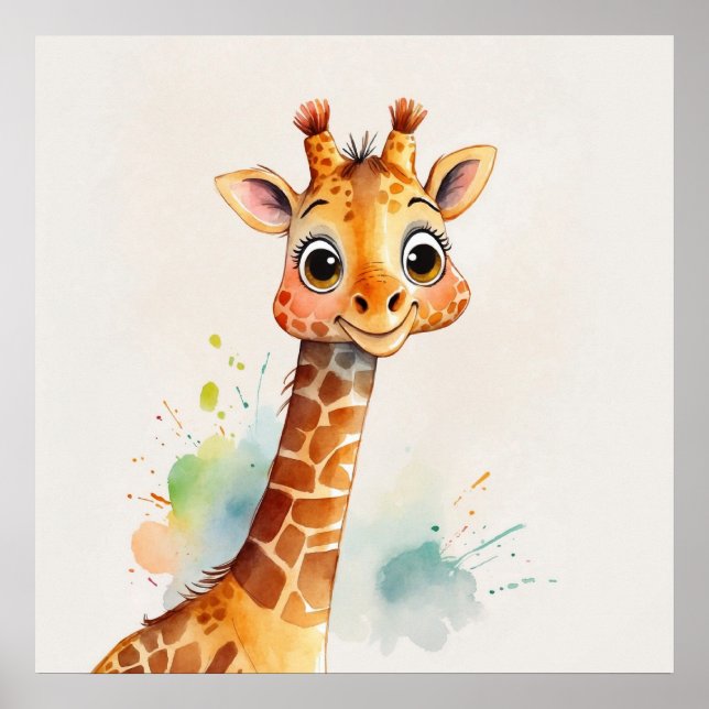 Póster Pintado de guardería acuarela Giraffe para niños (Frente)