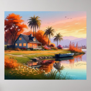 Póster Pintado de la naturaleza con el sol con el lago, c