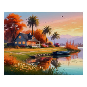 Póster Pintado de la naturaleza con el sol con el lago, c