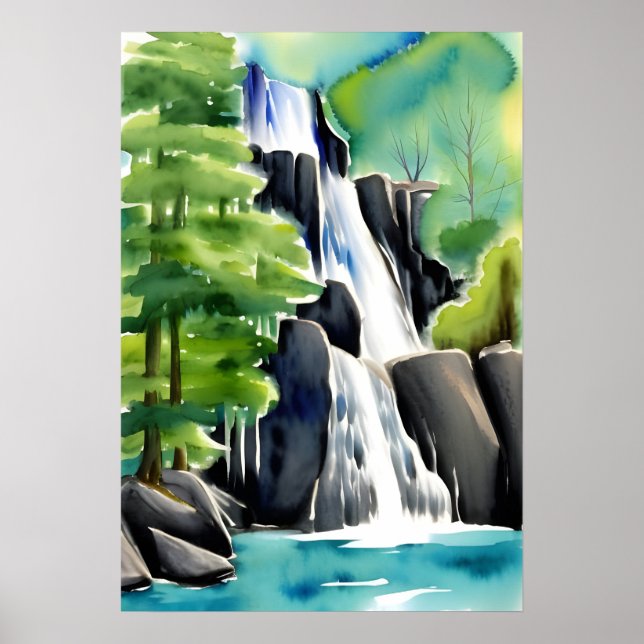 Póster Pintado De Las Acuarelas De Una Cascada (Frente)