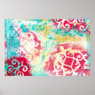 Póster Pintado de medios mixtos turquesa y escarlata con 