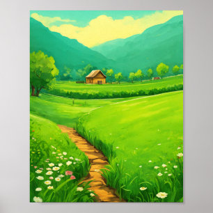 Póster Pintado de paisajes de campo verde de hierba verde
