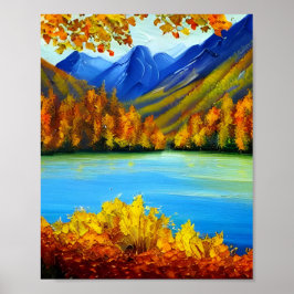 Póster Pintado del lago y las montañas del otoño