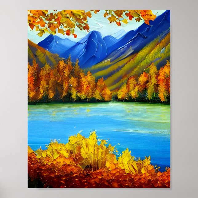 Póster Pintado del lago y las montañas del otoño (Frente)