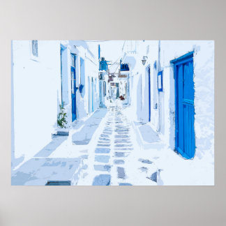 Póster Pintado digital de acuarela de MyKonos Grecia