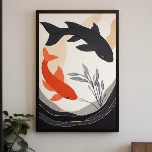 Póster Pintado estético de los peces Koi, negro y Naranja