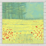 Póster Pintado paisajístico de Meadow<br><div class="desc">Un moderno cuadro paisajístico contemporáneo con una tranquila florida pradera de verano con pájaros volando contra el cielo y un bosque de pinos a lo lejos. Los colores amarillo y verde son frescos y edificantes. Arte original de Nic Squirrell.</div>