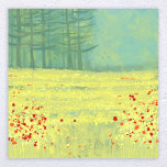 Póster Pintado paisajístico de Meadow<br><div class="desc">Un moderno cuadro paisajístico contemporáneo con una tranquila florida pradera de verano con pájaros volando contra el cielo y un bosque de pinos a lo lejos. Los colores amarillo y verde son frescos y edificantes. Arte original de Nic Squirrell.</div>