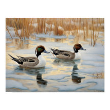 Pintail Ducks en Snowy Pond