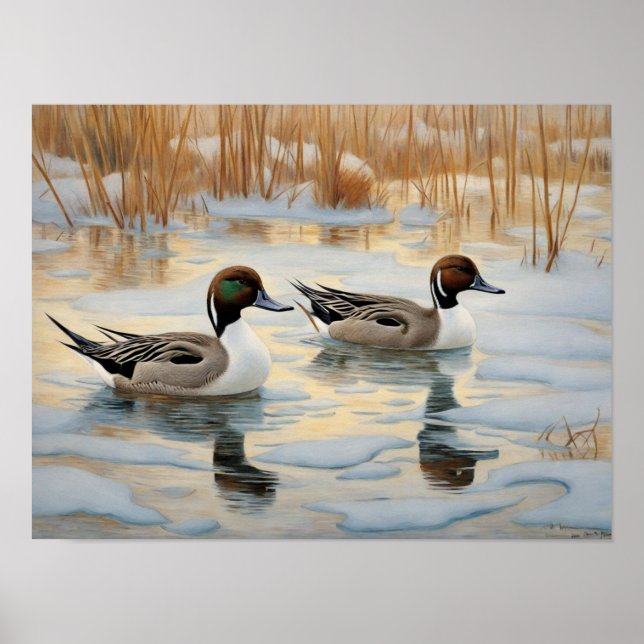 Póster Pintail Ducks en Snowy Pond (Frente)