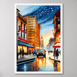 Póster pintar la ciudad colorido coche de nieve de noche 