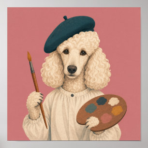 Póster Pintor de Caniche con Boina con Pincel y Paleta