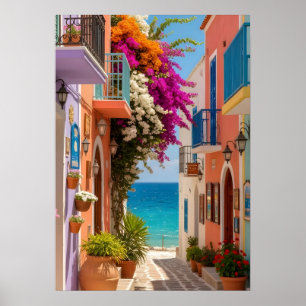 Póster Pintoresco pueblo costero griego pared de buganvil