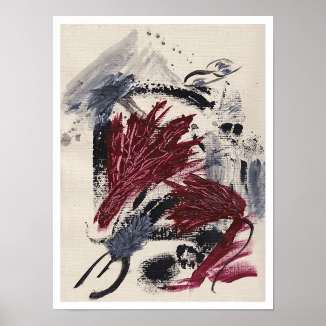 Póster Pintura abstracta con capas de negro, gris y rojo (Frente)