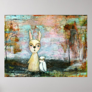 Póster Pintura abstracta de conejo y búho en bosque de ma