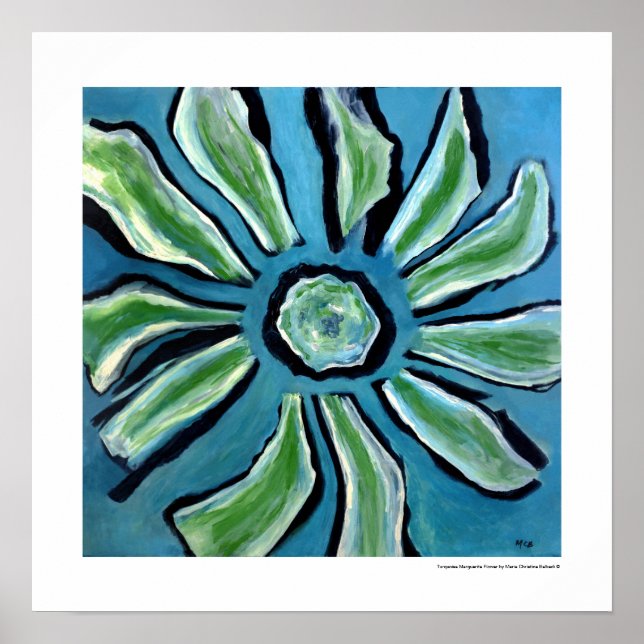 Póster Pintura abstracta de flores azul verde turquesa ne (Frente)