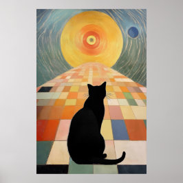 Póster Pintura abstracta de gato - gato negro y sol