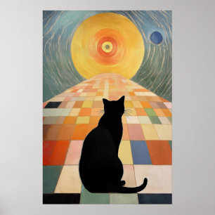 Póster Pintura abstracta de gato - gato negro y sol