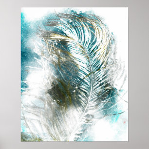 Póster Pintura abstracta de plumas Verde azuladas y blanc