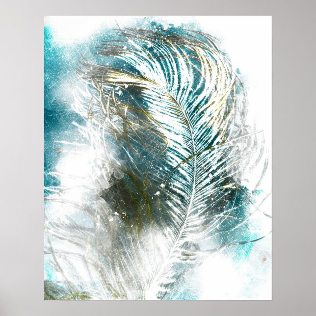 Póster Pintura abstracta de plumas Verde azuladas y blanc (Frente)