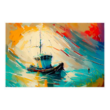 Pintura abstracta del barco camaronero en una ola