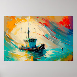 Póster Pintura abstracta del barco camaronero en una ola 