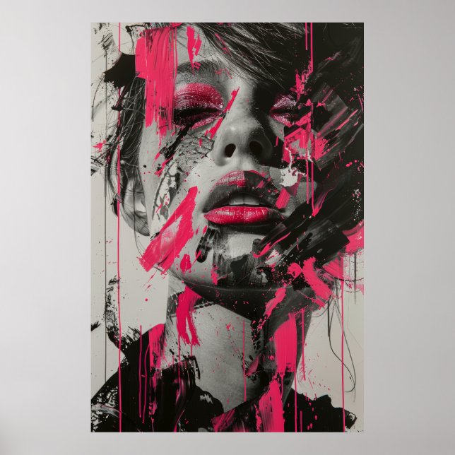 Póster Pintura abstracta rosa blanco negro de mujer (Frente)
