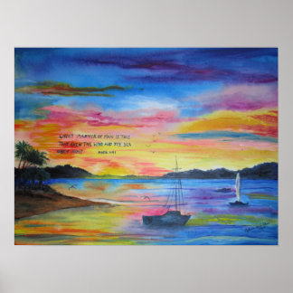Póster Pintura acrílica del paisaje marino con escritura