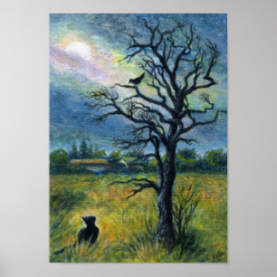 Póster Pintura acrílica, gato y pájaro y luna