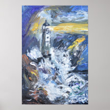 Pintura acrílica impasto de faro en mar tormentoso