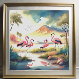 Póster Pintura acuarela de bandada de flamencos 1:1