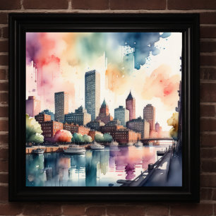 Póster Pintura acuarela de ciudad con río