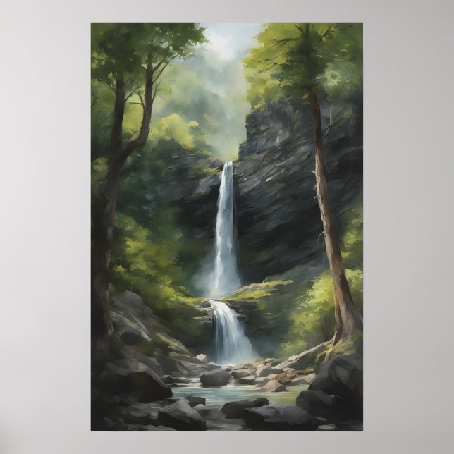 Póster Pintura acuarela de la cascada de la naturaleza (Frente)