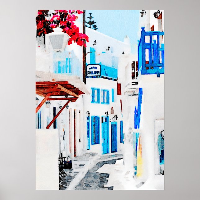 Póster Pintura acuarela de Mykonos (Frente)