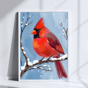 Póster Pintura Acuarela de Pájaro Rojo Cardinal de Invier
