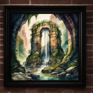 Póster Pintura acuarela de ruinas antiguas sobrepobladas